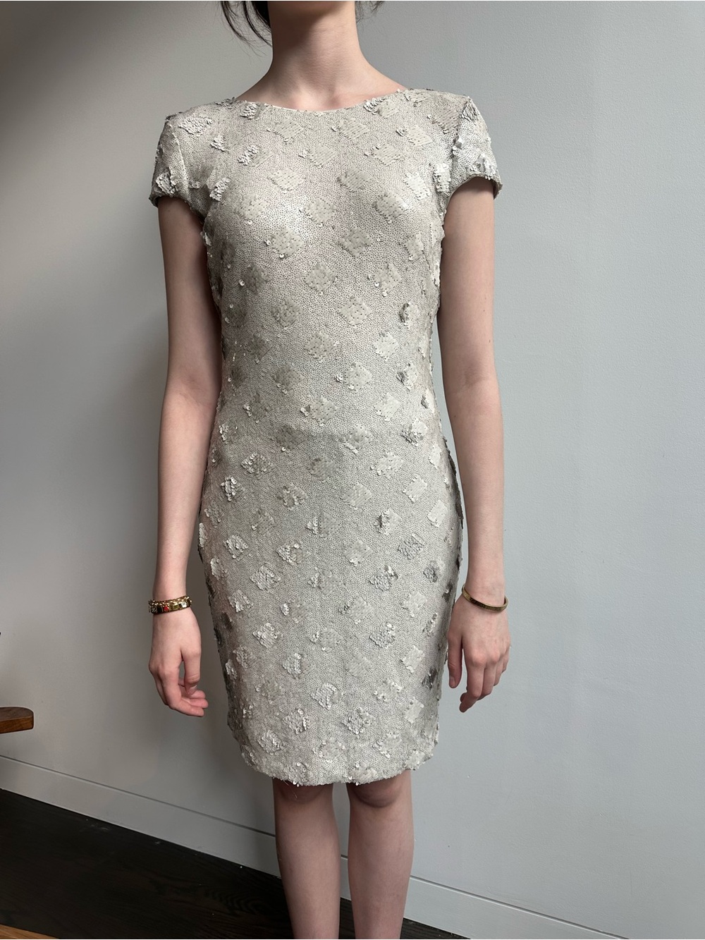 Dress the Population Cream Textured Cap-Sleeve Sequin Midi Dress